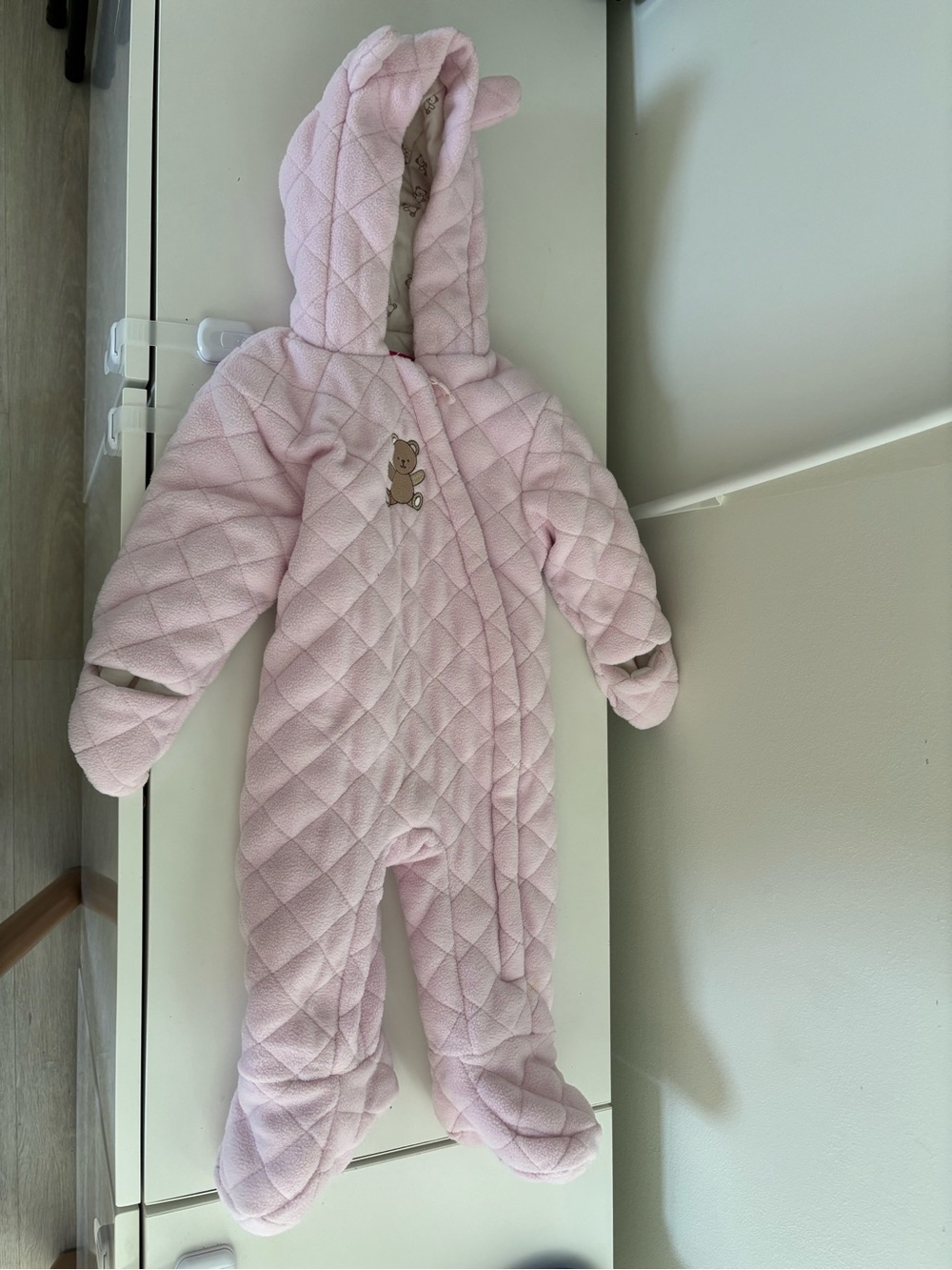Wippette Pink Quilted Hooded Baby Footie with Bear Patch